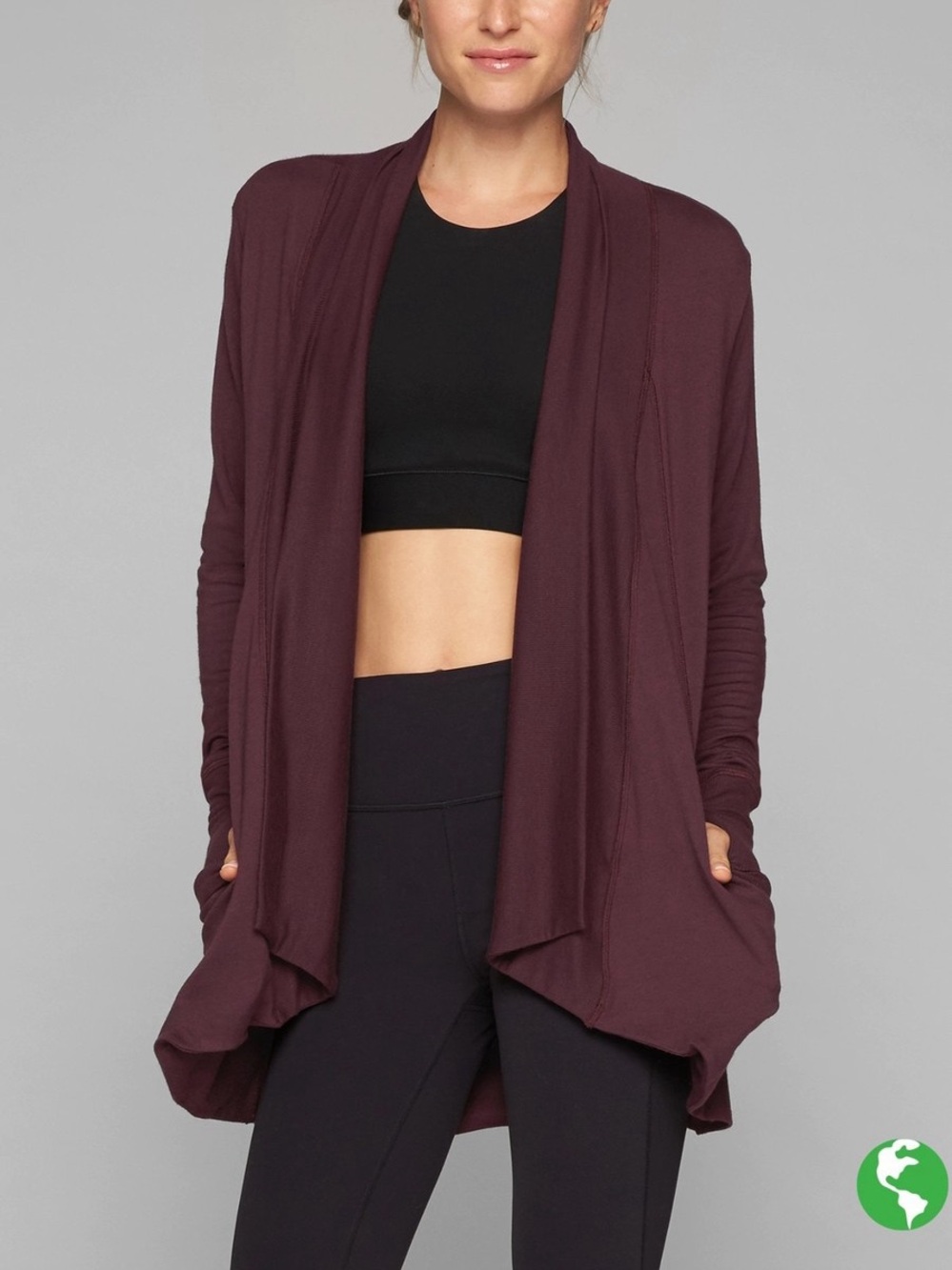 Athleta Pranayama Wrap in Dark Purple Maroon Open Front Longline Cardigan, Sz M